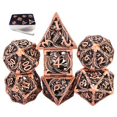 Imagem de Dungeons and Dragon Dice Set Hollow Polyhedral Flying Dragon Metal Dice Set DND Miniatures Gifts Play Mat Magic 7 pcs Dice Polyhedral D&D Tenzi Cards Math Tower(Dragon_Ancient Red Copper)