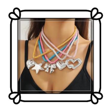 Imagem de DIONFEI Colar de corda colorida com pingente de amor de prata requintado - Laço moderno, pingente de estrela - Conjunto de colar boêmio feminino de 5 peças