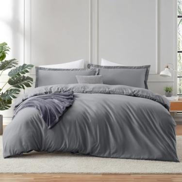 Imagem de Hearth & Harbor Capa de edredom cinza com lençol de elástico tamanho solteiro/solteiro GG - Conjunto de cama de 3 peças, inclui 1 capa de edredom com fecho de botão, 1 lençol com elástico, 1 fronha