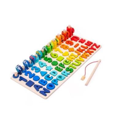 Imagem de Brinquedo Educativo Montessori 5 em 1, Tabuleiro de Números e Letras com Pescaria Magnética, 40 x 19 x 5 cm, Multicolorido