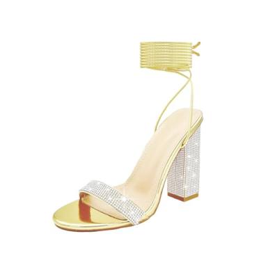 Imagem de Baffoloo Sandália feminina casual gladiadora de strass brilhante salto grosso com cadarço, Dourado, 11