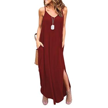 Imagem de HUSKARY Vestido feminino de verão, casual, sem mangas, gola V, com tiras, dividido, solto, saída de praia, vestido longo cami maxi com bolso, Vermelho, GG