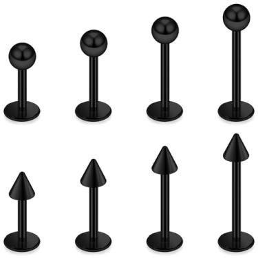 Imagem de Vqoxaggi Piercing labret de 16 g de aço cirúrgico Monroe piercing para lábios, joias de mordida de cobra, para mulheres e homens, comprimento da barra, 6 mm/8 mm/10 mm/12 mm, ponta esférica preta
