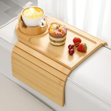 Imagem de Kssiaz Bandeja de braço de sofá, mesa de sofá de bambu para sofá, bandeja de braço com suporte de copo, organizador de apoio de braço antiderrapante para bebida, xícara, lanche, controle, fácil de