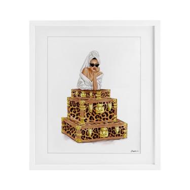 Imagem de Stupell Industries Roupão de banho feminino e malas branco emoldurado design sob vidro por Ziwei Li, 16 x 13