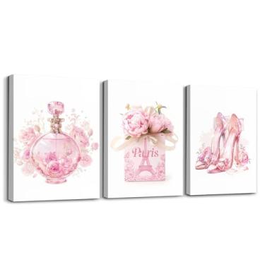 Imagem de Erosebridal Linda arte de parede emoldurada rosa flores femininas batom arte de parede moda perfume e salto alto imagens pinturas presentes românticos para meninas dormitório 30 x 40 cm x 3 painéis