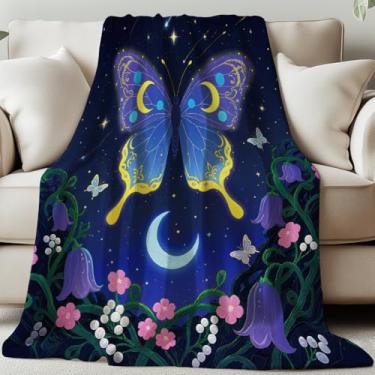 Imagem de GLOBLELAND Manta de borboleta de mariposa 139 × 139 cm, flor de lua, macio, aconchegante, cobertor de flanela para insetos lavável e felpudo para casa, escritório, quarto, cama, sofá, cadeira