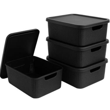 Imagem de Kit 4 Caixas Organizadoras 5 Litros Tampa Empilhável Textura Juta Plástico Resistente Multiuso Roupas Brinquedos Documentos (Preto)
