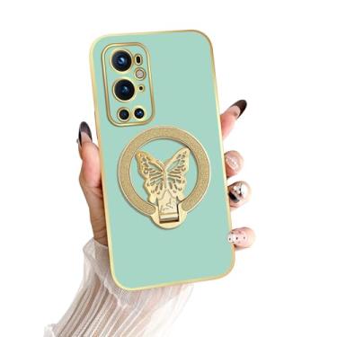 Imagem de nancheng Capa de borboleta com suporte para OnePlus 9 Pro, capa à prova de choque com cordão, verde claro