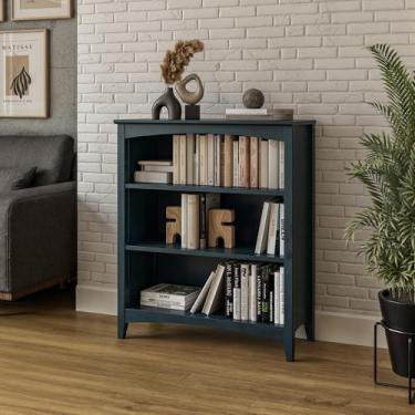 Imagem de Camaflexi Estante estilo coqueteleira com 3 prateleiras/madeira maciça/91 cm de altura/prateleira ajustável/traseira fechada/estante para exibição para sala de estar, quarto, casa e escritório, azul