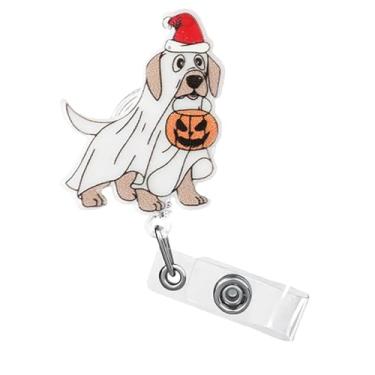 Imagem de 1 carretel de crachá de Natal com clipe giratório de 360°, clipe retrátil leve para crachá com design de abóbora assustadora de cachorro fofo, porta-crachás engraçados de acrílico para cartão de