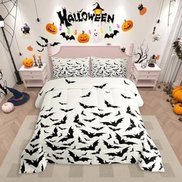 Imagem de Erosebridal Conjunto de edredom solteiro com morcegos pretos e góticos, assustador, branco, terror, Halloween, decoração moderna e simples