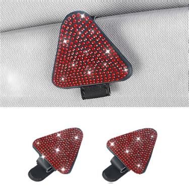 Imagem de MINGZAIQIPEI 2 peças de porta-óculos de sol triangulares de strass brilhante para viseiras de carro de couro magnético organizador de óculos de sol clipe para cartão de bilhete (vermelho)