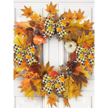 Imagem de 10 laços de guirlanda de outono, laços xadrez de búfalo preto e branco para guirlanda, folhas de outono, laços de estopa para porta da frente, arcos de árvore de fazenda de girassol vintage para