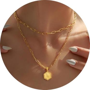 Imagem de Colar personalizado com pingente de letra A-Z, design hexagonal de corrente de camada dupla, joia minimalista de aço inoxidável para mulheres, F, Aço inoxidável, Sem Pedra Preciosa