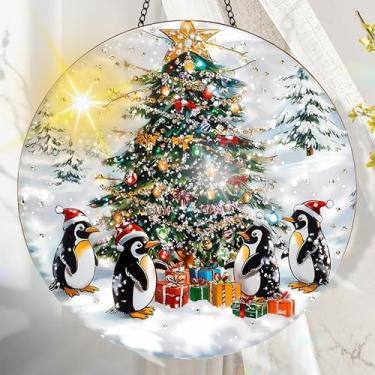 Imagem de Apanhador solar de acrílico colorido, decoração de janela suspensa de Natal com design de vitral impresso, apanhador de sol, arte de parede de arco-íris, ornamentos de Natal para uso interno e externo