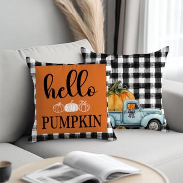 Imagem de 2 peças de capas de almofada de abóbora de outono 45,7 x 45,7 cm, capas de almofada quadradas para colheita de outono, almofadas decorativas de grade preta e branca para sofá, sala de estar, quarto