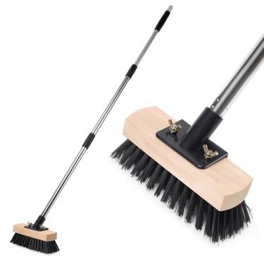 Imagem de SEHOI Vassoura ajustável resistente com cerdas rígidas, cabeça de madeira maciça, escova de piso multisuperfície para azulejos de banheiro, deck de piscina, limpeza de pátio