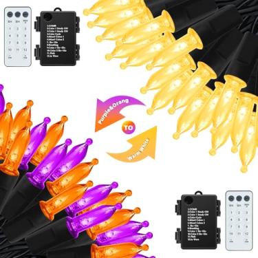 Imagem de Bateria de luzes de Halloween, pacote com 2 50 luzes de LED com mudança de cor dupla, mini corda de luz com controle remoto, 12 modos, 3 temporizadores, à prova d'água para decoração interna externa