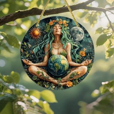 Imagem de Acrílico colorido Suncatcher, Deusa Segurando a Terra Cena Celestial 18 cm Janela Pendurada Decoração de Parede com Design de Estilo Vitral Impresso, Ideia de Presente e Ornamento de Jardim Uso