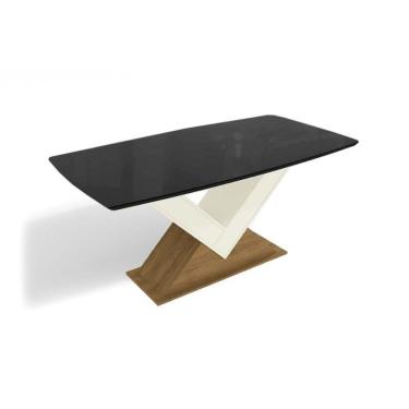 Imagem de Mesa Para Cozinha Amora Com Tampo Madeirado Com Vidro 90x170cm Freijo Off White Preto Fosco Vidro Preto Kappesberg