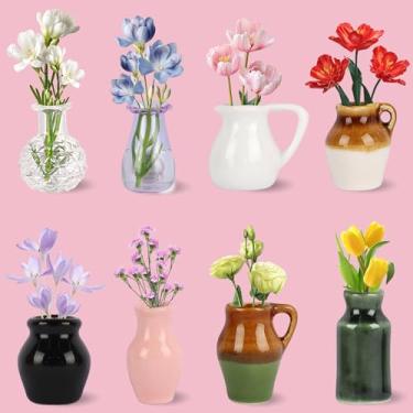 Imagem de Minivasos de cerâmica 3D para geladeira, lindos vasos de plantas com flores, decoração magnética de geladeira para cozinha, escritório, armário (pacote com 8)