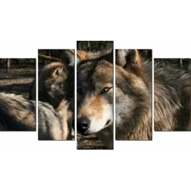 Imagem de Kit quadro decorativo 5 peças 95x60cm Lobo Realista Feroz