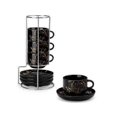 Imagem de MALACASA Conjunto de 4 xícaras de café expresso de porcelana com pires e suporte de metal, mármore preto