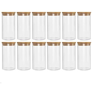 Imagem de Conjunto 3 Potes Herméticos Com 1000ml De Vidro Redondo Tampa De Bambu Mantimento Tempero Alimento (Kit 12 Unidades)