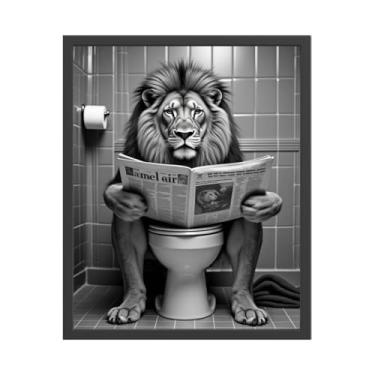 Imagem de Decoração de parede de banheiro Leão preto e branco no banheiro lendo imagem de jornal, arte de parede de banheiro engraçada arte animal (20 x 25 sem moldura)