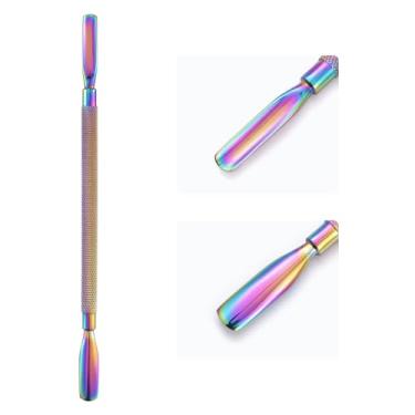 Imagem de KAZIPOP Empurrador de cutícula de unha de cabeça dupla de aço inoxidável limpador de cutículas em gel descascador de esmalte raspador 2 em 1 aparador de cutículas de metal camaleão empurrador de