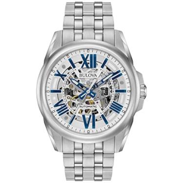 Imagem de Bulova Relógio masculino clássico Sutton automático com 3 ponteiros, 21 joias, reserva de energia de 42 horas, mostrador esqueleto, ponteiros luminosos, resistente à água até 100 m, 43 mm, Aço