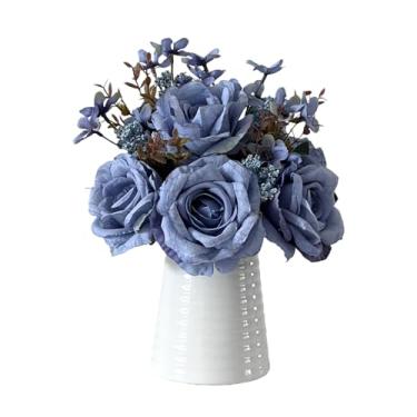 Imagem de LZTDRZH Arranjo de rosa azul artificial em vaso de cerâmica branca, buquê floral falso com padrão decorativo, peça central de decoração de casa elegante