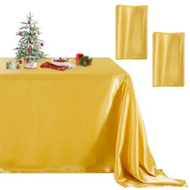Imagem de B-COOL Toalha de mesa dourada de cetim para decoração de festa 144,8 x 304,8 cm, pacote com 2 toalhas de mesa românticas douradas, retangulares, sobreposições de mesa para cerimônia de casamento
