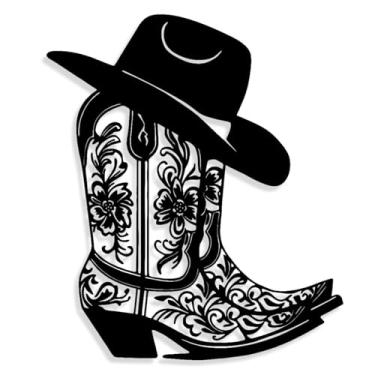 Imagem de Arte de parede de metal com botas de caubói e chapéu, decoração de parede estilo country rústico ocidental, silhueta de bota de caubói floral, decoração de parede para sala de estar, quarto, entrada