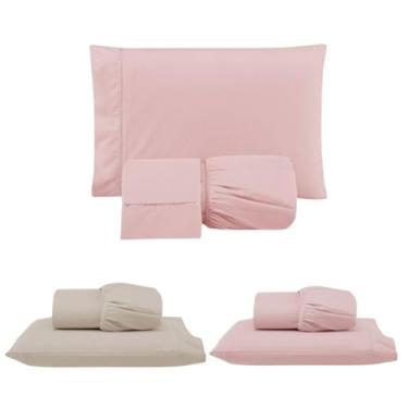 Imagem de Kit 3 Jogos de Lençol com Elástico e Fronhas Bordadas em Ponto Palito, Micropercal 300 Fios, 1 Casal Padrão e 2 Solteiros, 100% Poliéster (CPS Versat (Rosê/Cáqui/Rosê)
