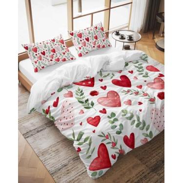 Imagem de Conjunto de capa de edredom de Dia dos Namorados Califórnia King Size rosa amor coração conjunto de 3 peças, conjunto de cama de folhas de eucalipto rosa vermelha com fecho de zíper e 2 fronhas, capas