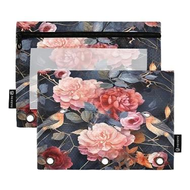 Imagem de Bolsa geométrica floral de rosas com zíper para fichário de 3 anéis, bolsa de lápis com zíper de 3 furos, material escolar universitário, pacote com 2