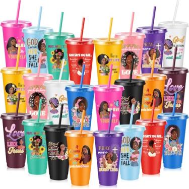 Imagem de Chuangdi 24 peças presentes cristãos afro-americanos para mulheres presente inspirador cristão 680 g preto meninas copos religiosos com tampas e canudos para mulheres meninas senhora