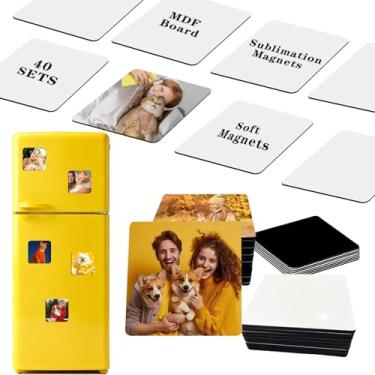 Imagem de 80 peças de ímãs de sublimação em branco quadrados de geladeira conjunto em branco 3,5 × 3,5 40 peças MDF sublimação blanks com 40 peças de ímã macio para artesanato DIY