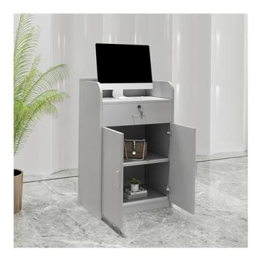 Imagem de Mesa de recepção moderna com gavetas trancáveis, mesa de balcão frontal com grande armário de armazenamento, mesa de computador de escritório, balcão de recepção para supermercado loja de conveniência