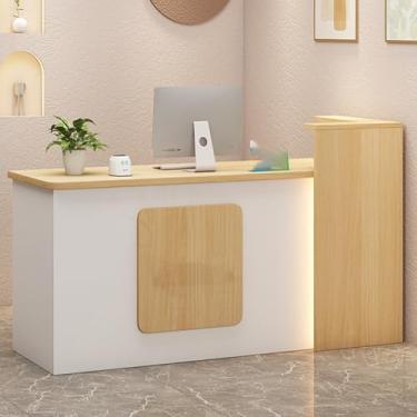 Imagem de Mesa de recepção de madeira com gaveta com trava, mesa de balcão de caixa de varejo para saguão, balcão de loja de varejo com painel lateral envolvente - acabamento branco e natural