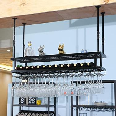 Imagem de (pt: Suporte de garrafa de vinho montado na parede, 78,7 cm 99 cm montado no teto com prateleira de vidro, prateleira de exibição de armazenamento de vinho vintage, altura e largura ajustáveis, para