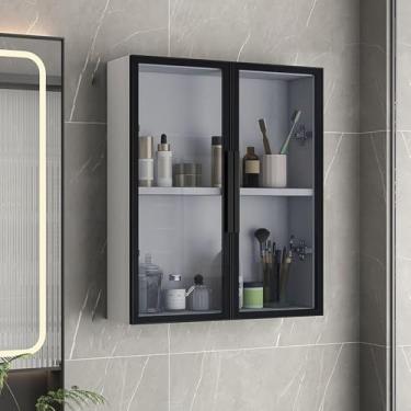 Imagem de Organizador de armário de parede de banheiro de madeira maciça com portas de vidro, armário de remédios para banheiro, quarto e cozinha - solução de armazenamento elegante de 152 cm