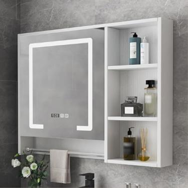 Imagem de Armário de remédios LED de madeira maciça para banheiro com espelho antiembaçamento, armazenamento montado na parede, rack aberto e barra de toalha, unidade inteligente com visor de tempo e