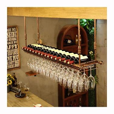 Imagem de Suporte de copo de vinho retrô industrial com suporte de garrafa de vidro pendurado, prateleira de armazenamento, moldura de ferro forjado de estilo simples, vintage de aço inoxidável, decoração de