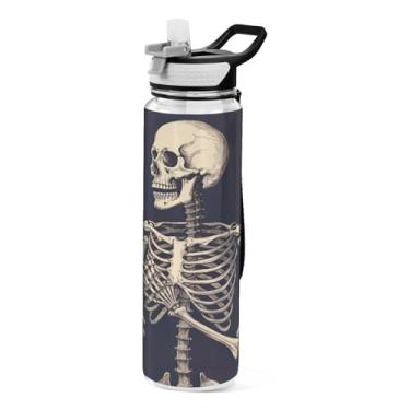 Imagem de Burbuja Garrafa de água Skeleton Holding An Idea Light de 946 ml com tampa de palha, à prova de vazamento e livre de BPA para academia, esportes ao ar livre