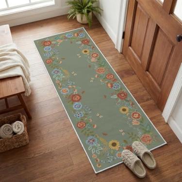 Imagem de Artoid Mode Tapete de corredor de primavera floral de girassol verde, decoração de casa de verão, baixo perfil, antiderrapante, lavável, tapete para corredores, cozinha, lavanderia, quarto, banheiro