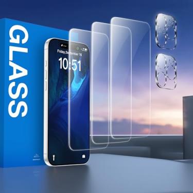 Imagem de [Pacote com 3+2] Pacote com 3 protetores de tela + 2 protetores de lente de câmera para iPhone 12 Pro, cobertura total, dureza 9H, vidro temperado, transparente HD, resistente a arranhões, compatível