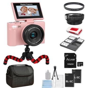 Imagem de Câmera digital 4K/5K – Câmera vlogging de 75 MP para YouTube, tela flip de 180°, zoom 18X, WiFi – Kit Pro rosa com cartão de 64 GB, tripé, capa, lente macro/larga e filtro UV
